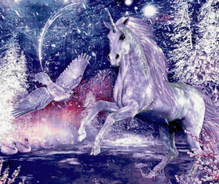 Единорог - птицы, единорог, зима - предпросмотр