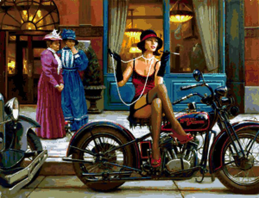 девушка - ретро, женщина, картина, мотоцикл - предпросмотр