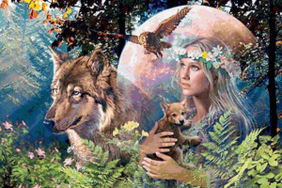 Единение с природой - природа, птицы, волки, сова, девушка, волк - предпросмотр
