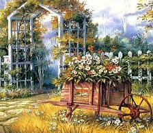 пергола, цветы, тележка
