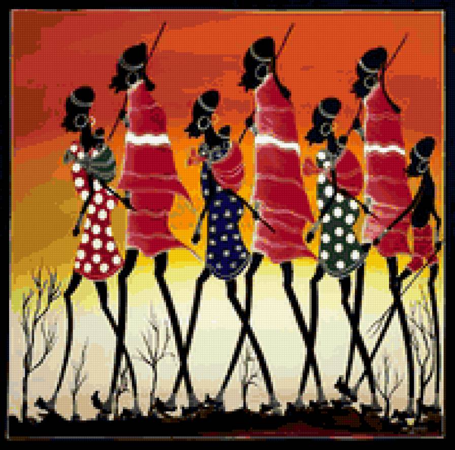 Африканский мотив - африканцы с копьями, войны, люди идут, африка, этника - предпросмотр