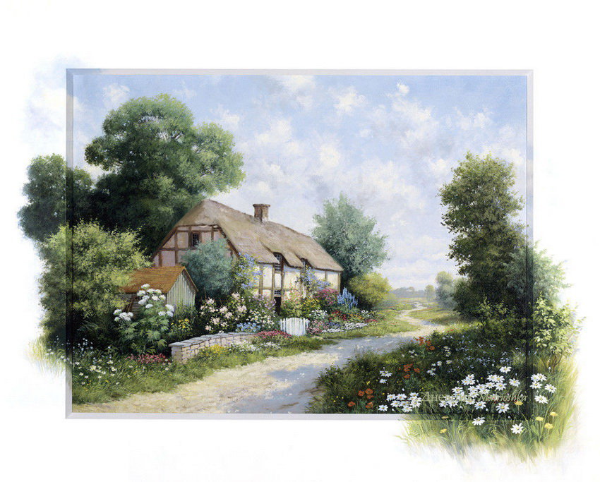 летний пейзаж - лето, дом, деревья, дорожка - оригинал