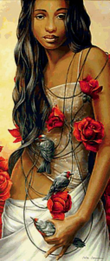 Темнокожая девушка - птички, девушка, цветы - предпросмотр