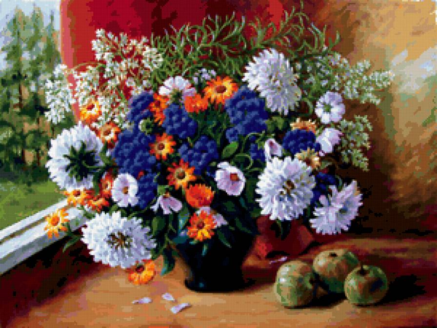 Букет у окна - натюрморт, цветы, картина, букет - предпросмотр