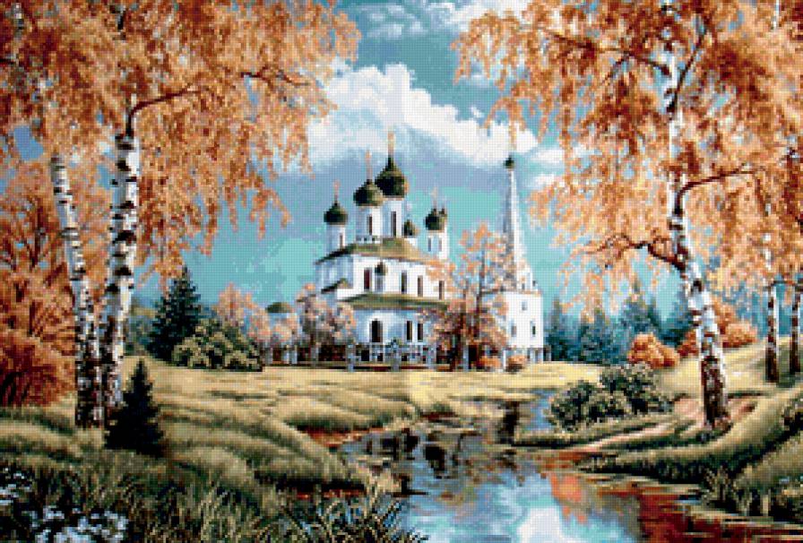 осенний пейзаж - вода, собор, природа, река, осень - предпросмотр