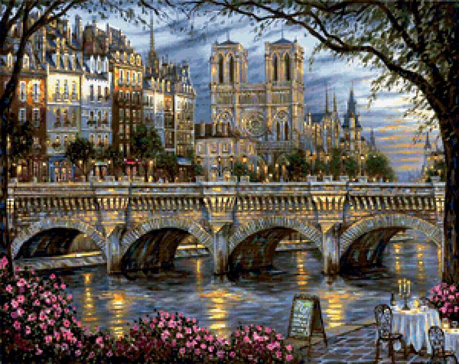 вечерний город - река, дома, цветы, вода, мост - предпросмотр