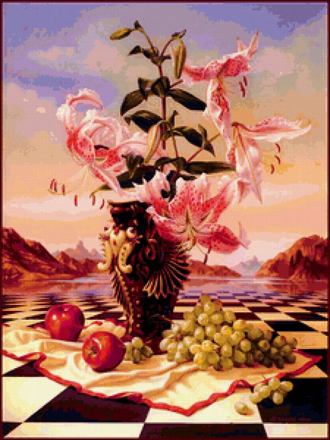 Натюрморт - лилии, виноград, цветы, яблоки, букет - предпросмотр