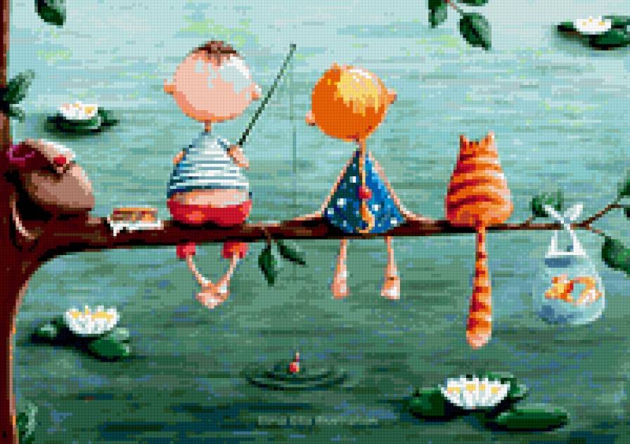 у воды - люди, цветы, пара, кот, рыба, вода - предпросмотр