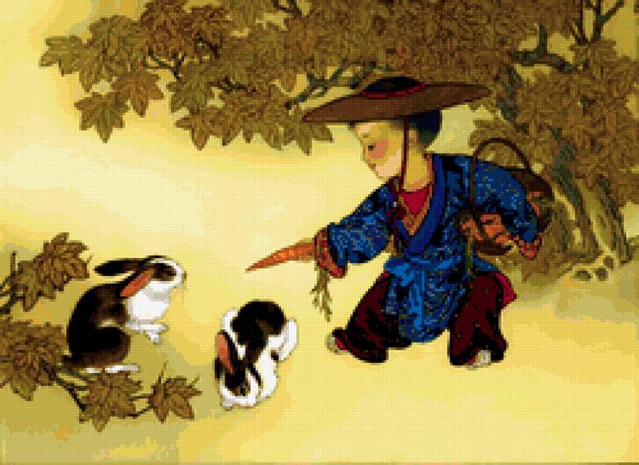 мальчик и кролики - кролики, китай, мальчик - предпросмотр