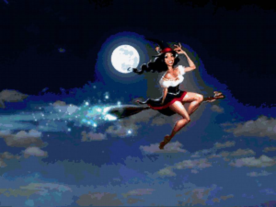 На метле - ночь, метла, ведьма, луна, женщина - предпросмотр