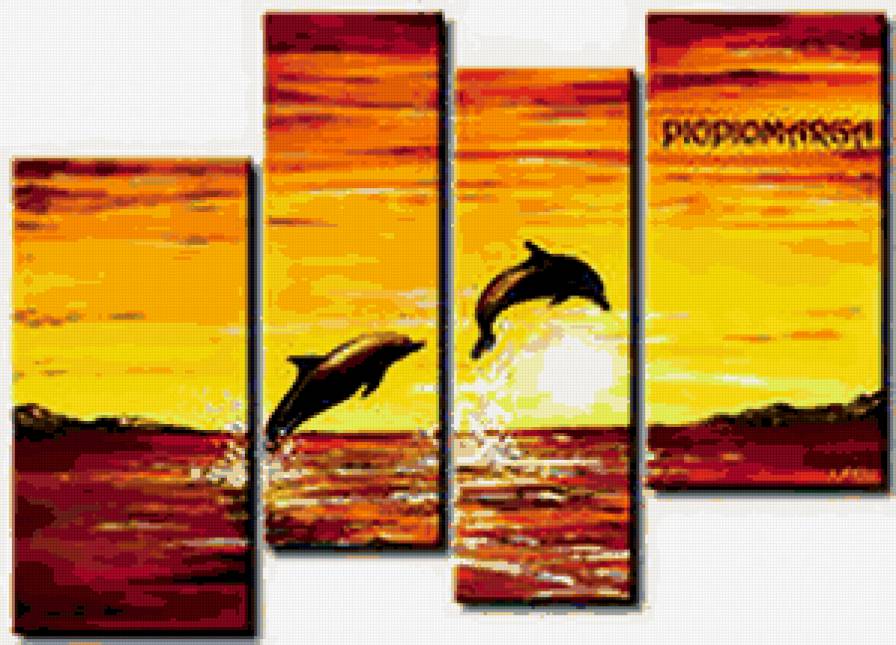 Триптих - вода, дельфины, закат, море - предпросмотр