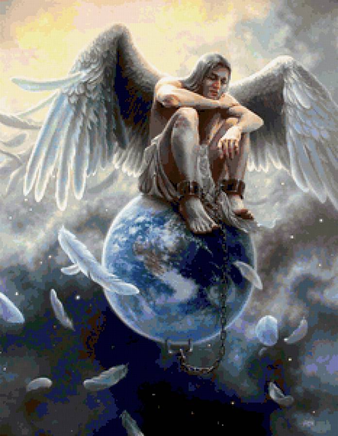 Земной Ангел - земля, фентези, тучи, картина, ангел, рисунок - предпросмотр