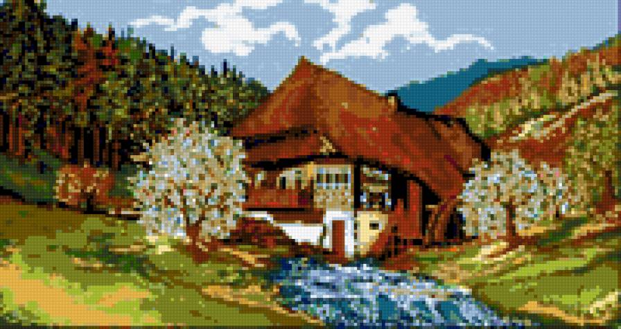 cottage - landscape, mountains, river - предпросмотр