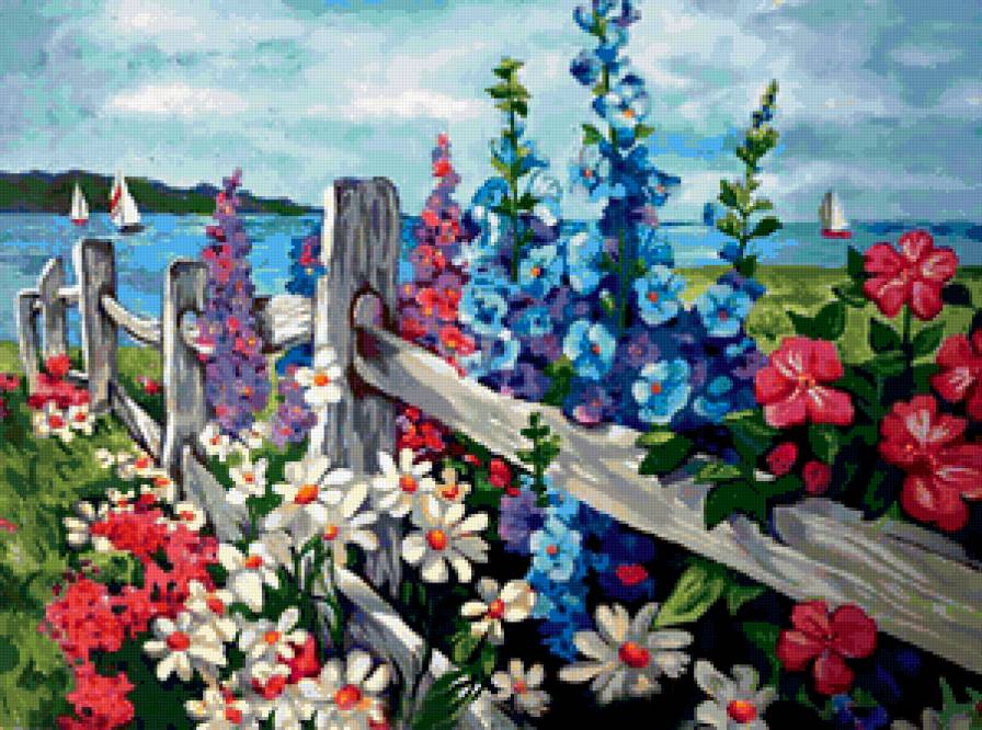 летний пейзаж - река, цветы, природа, вода, лето - предпросмотр