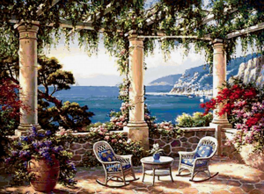 Вид на море - лето, море, полдень, столик, терраса - предпросмотр