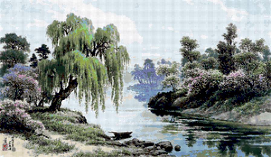 У берега - лето, природа, берег, река, цветы, деревья - предпросмотр