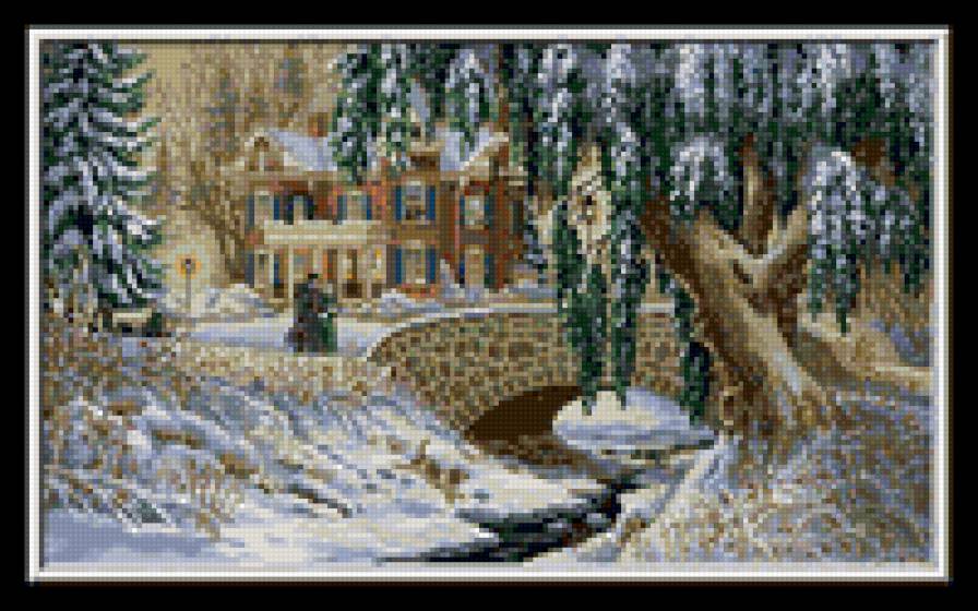 пейзаж - люди, зима, дом - предпросмотр