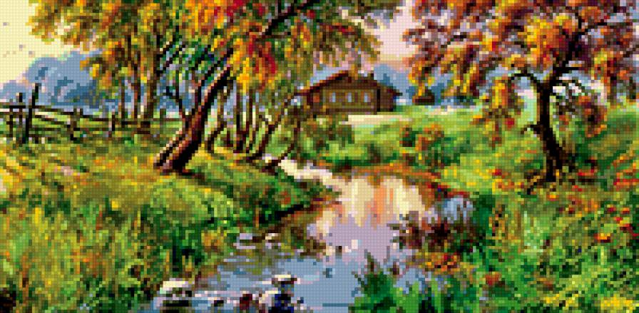 сельский пейзаж - домик, лето, река - предпросмотр