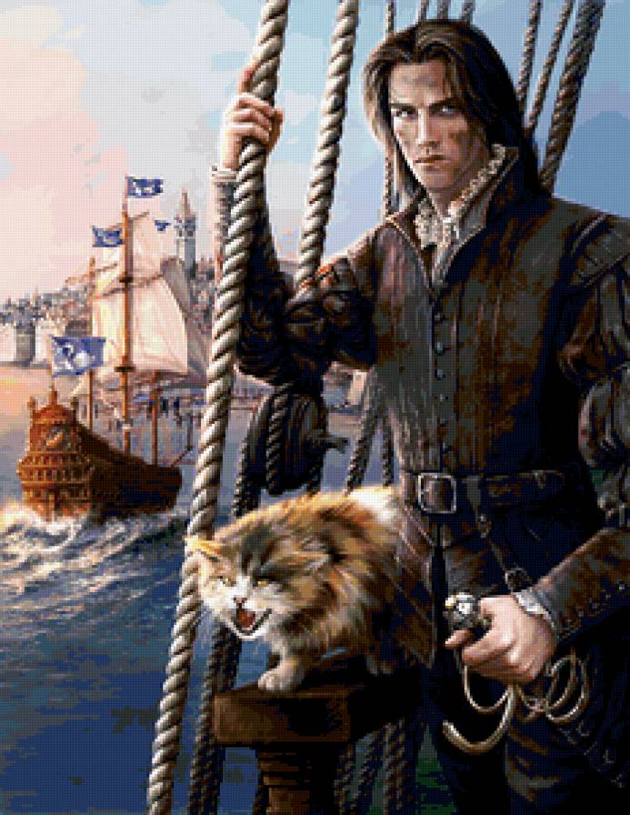 мужской образ - капитан, корабль, море, кот - предпросмотр
