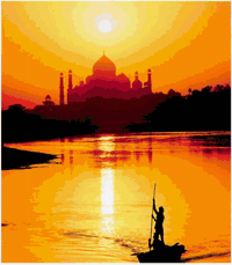 Мечеть на закате - закат, мечеть, лодка, река - предпросмотр