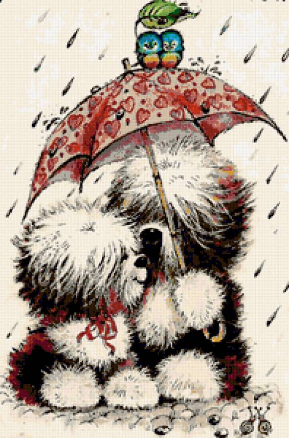 Щенки под зонтиком - детская картина, щенки, собаки, дождик, улитки, зонтик, птички - предпросмотр