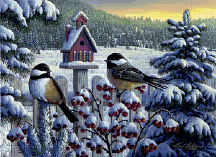 зимний пейзаж - птицы, снег, зима - предпросмотр