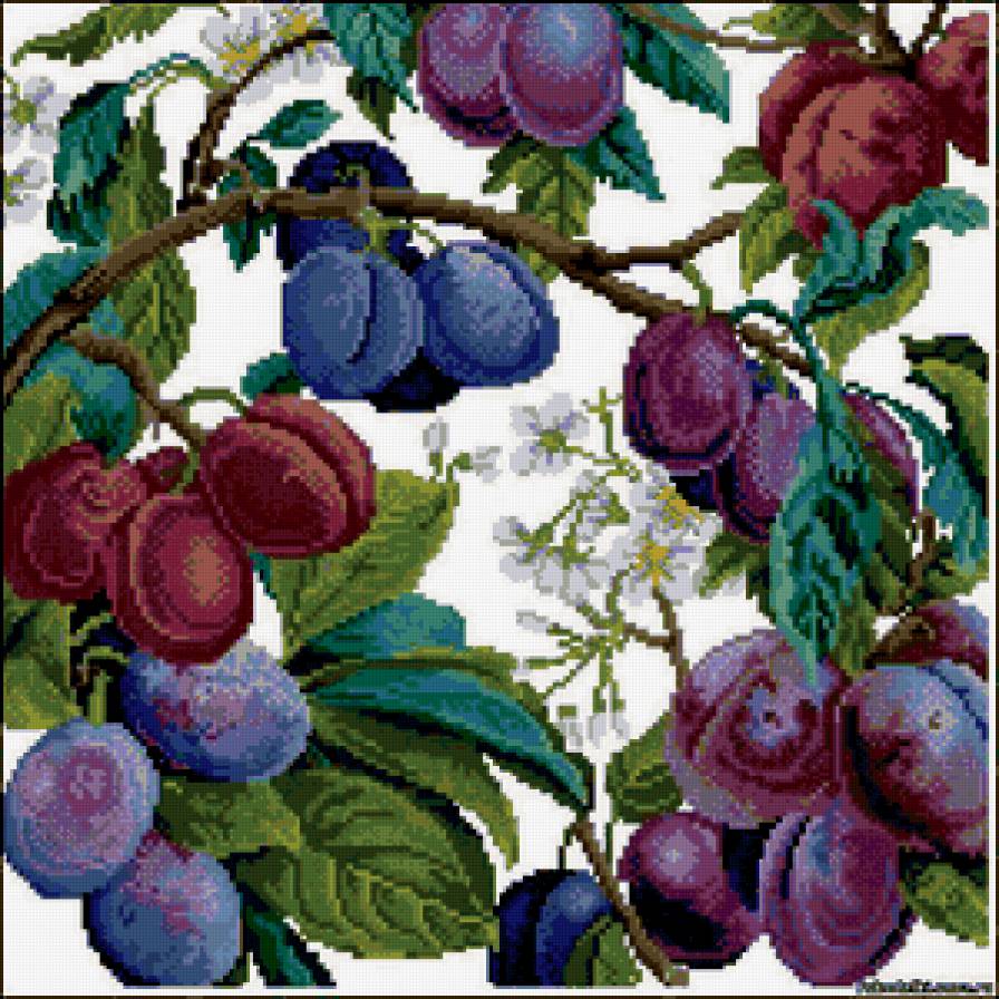 Идея для подушки - дерево, цветы, сливы, фрукты, сад - предпросмотр