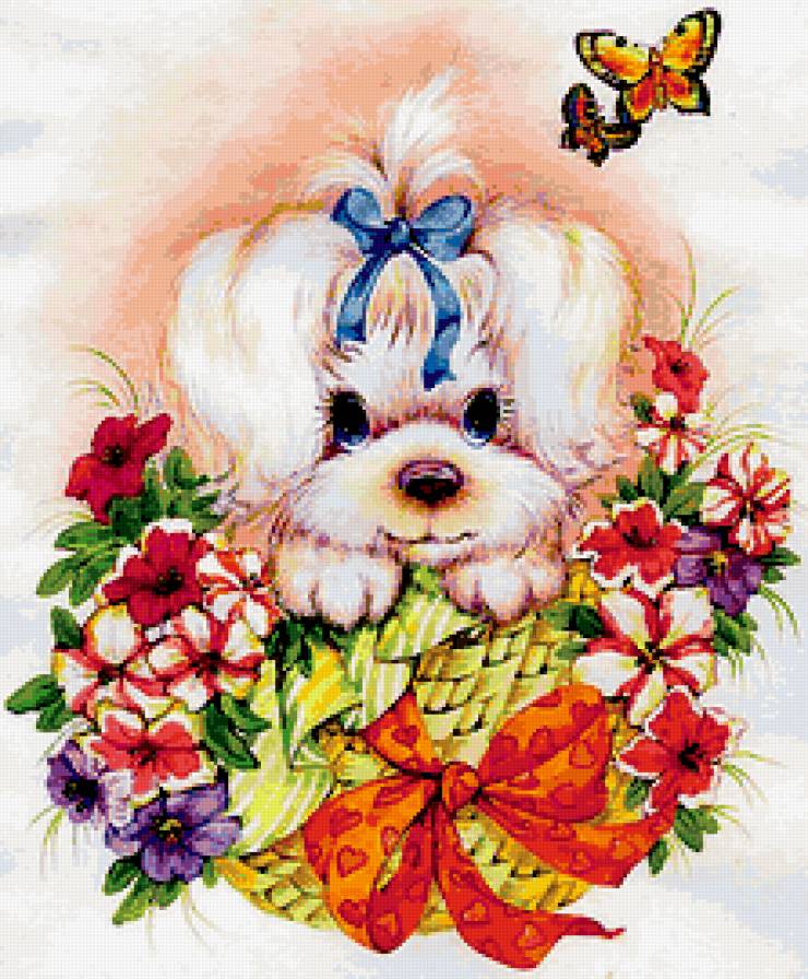 Очаровашка - щенок, собачка, цветы, корзинка - предпросмотр