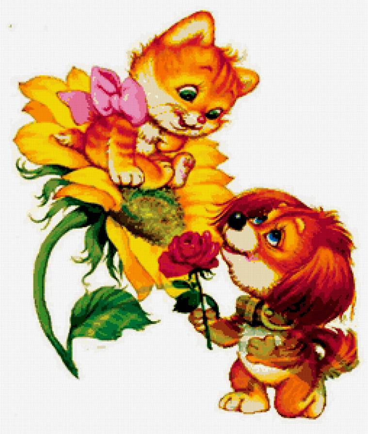 №313958 - подсолнух, нежность, цветок, щенок, котенок, бантик - предпросмотр