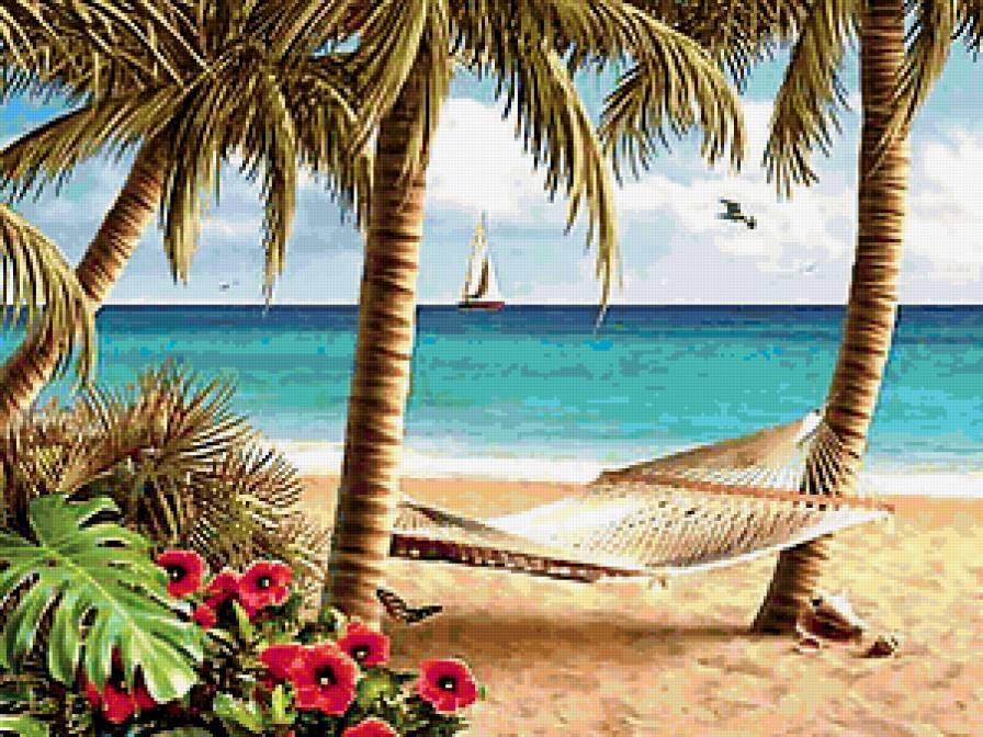 Тропический берег - пальмы, море, парус, тропики - предпросмотр