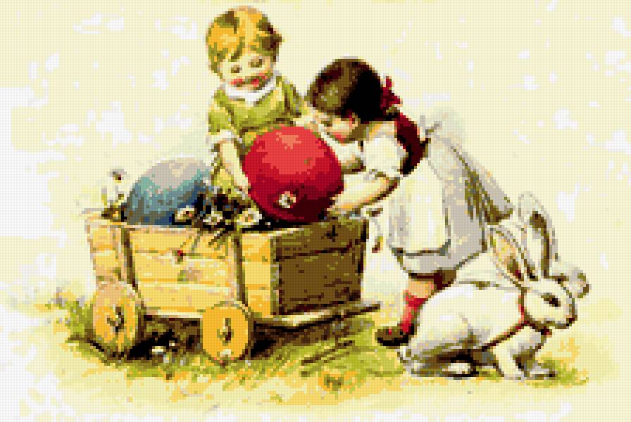 к Пасхе - яйцо, заяц, дети - предпросмотр