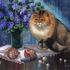 Схема вышивки «кошка и сирень»