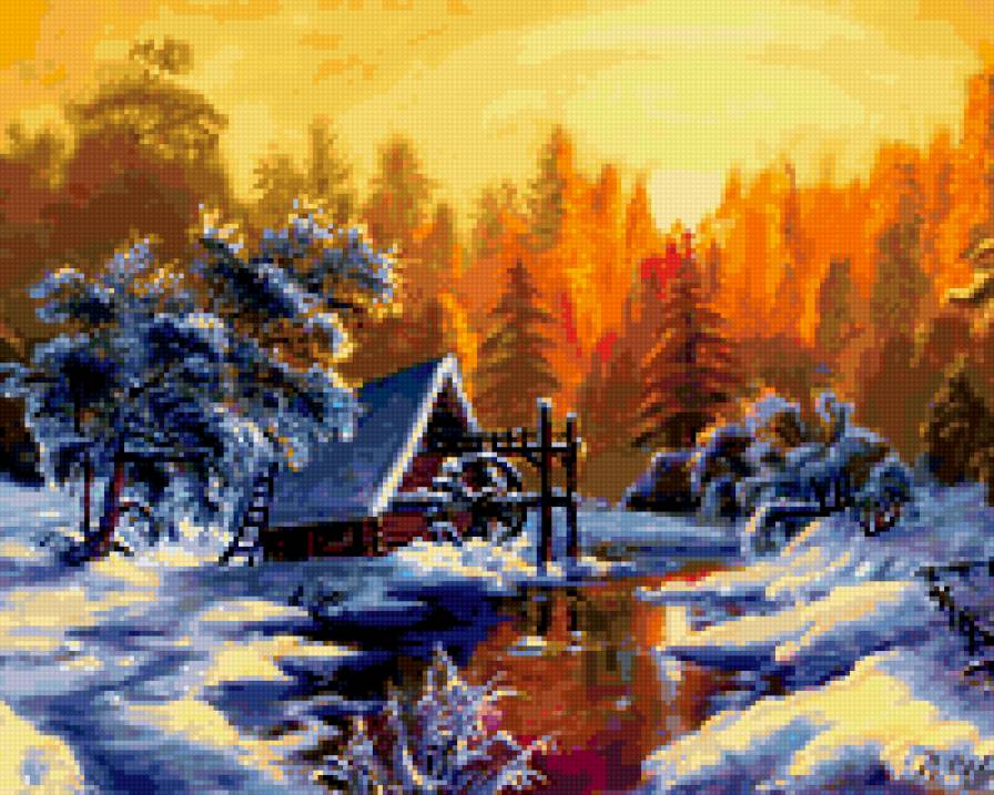 зимний пейзаж - зима, водяная мельница - предпросмотр