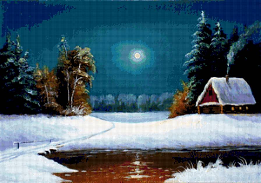 зимний пейзаж - деревня, зима, пейзаж, природа, ночь - предпросмотр