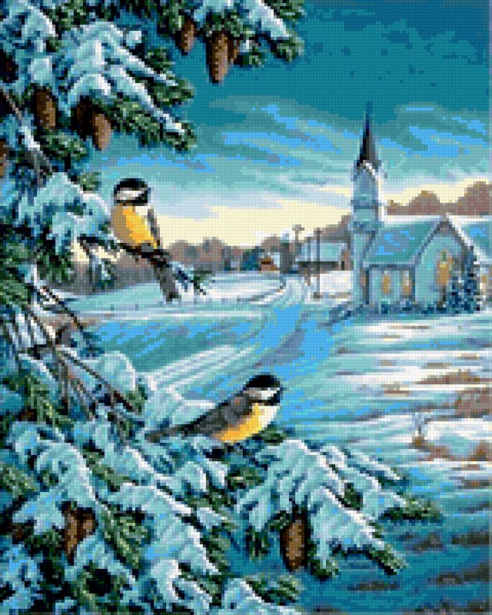 зимний пейзаж - синицы, елка, зима - предпросмотр