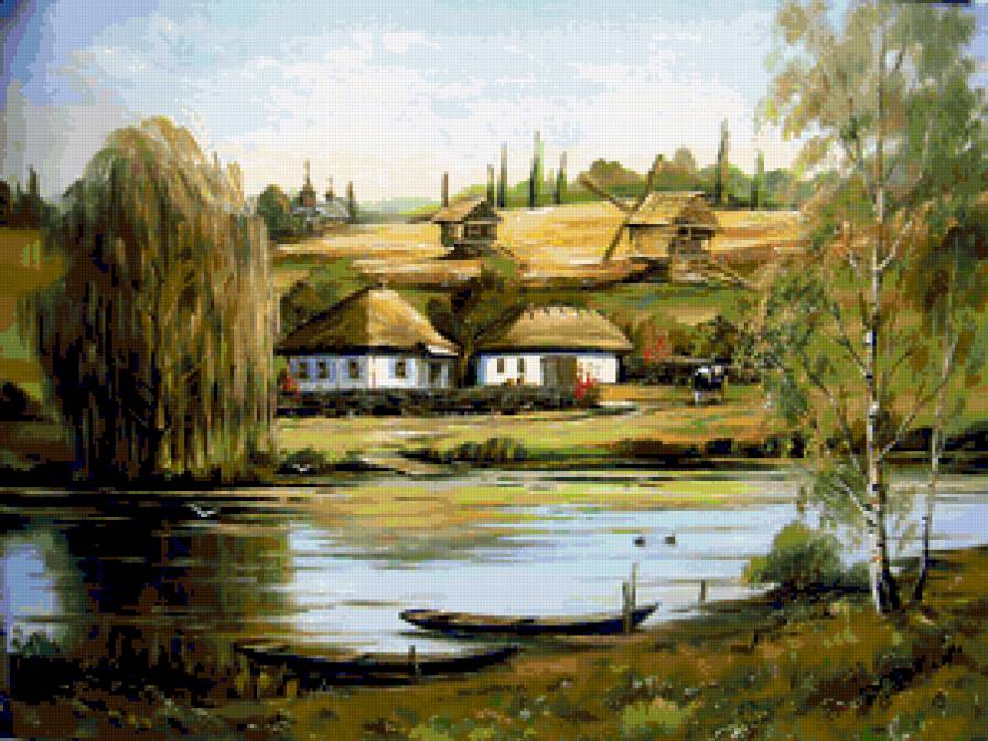 Домики у реки - пейзаж, сельский пейзаж, село, домики - предпросмотр