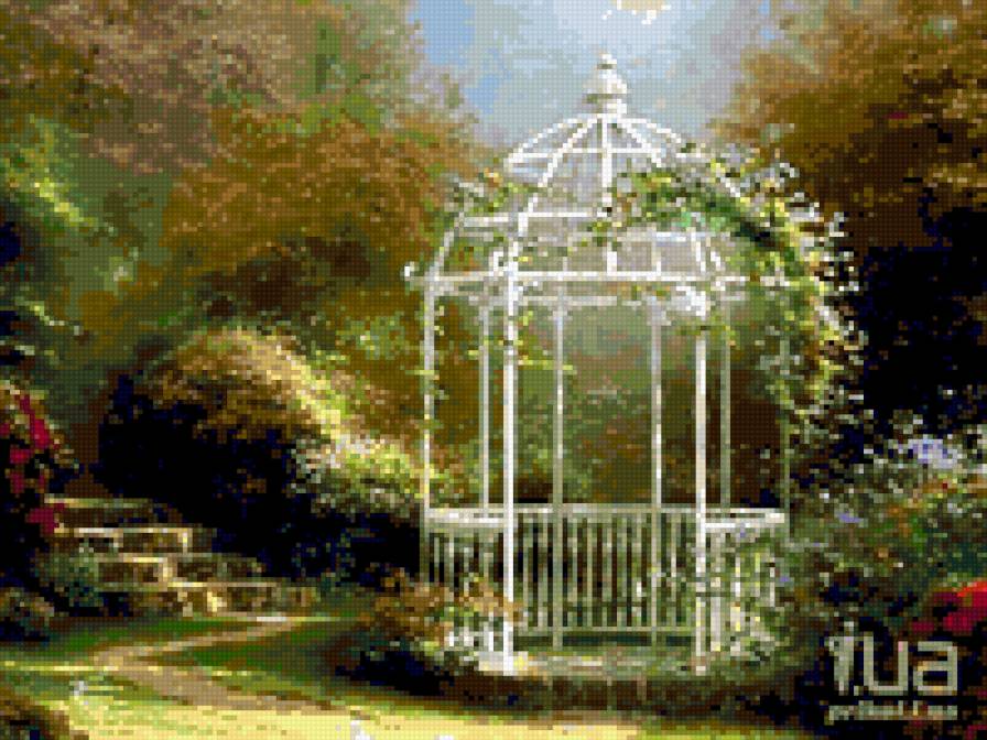 Беседка - пейзаж, беседка дворик, цветы - предпросмотр