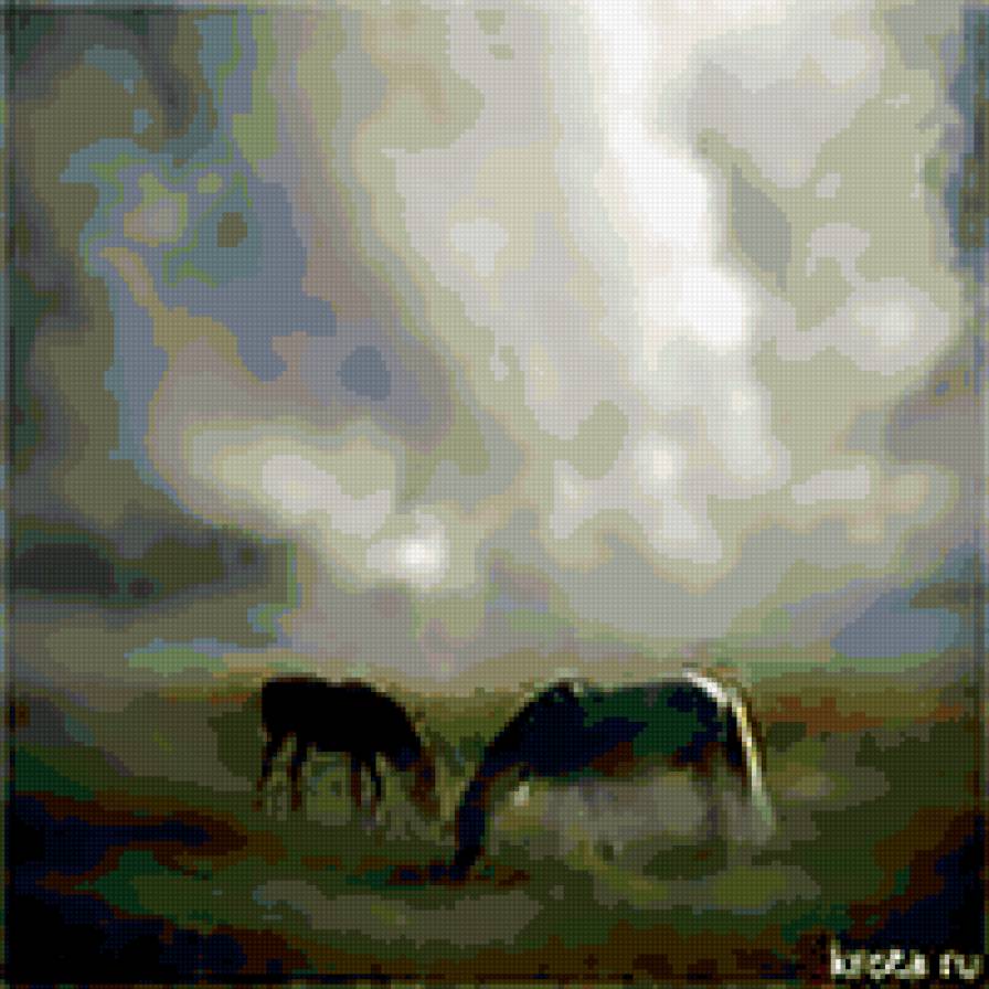 туман - туман. луг.лошади. природные явления - предпросмотр