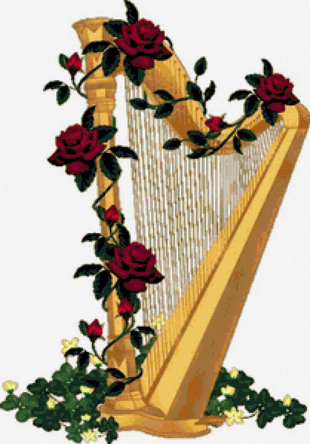 №318259 - розы, арфа, музыка, цветы - предпросмотр