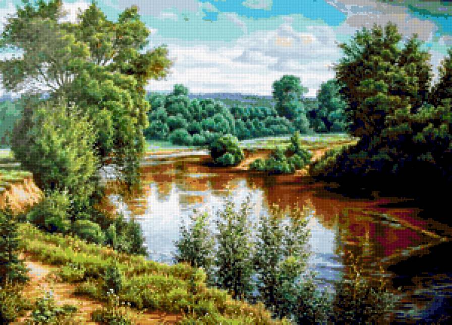 Летний пейзаж - лето, деревья, река, природа, пейзаж, искусство, лес - предпросмотр