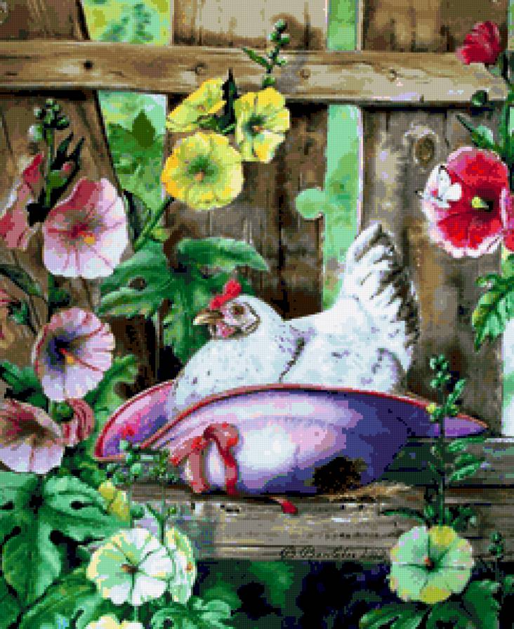 Курочка и мальвы - цветы, мальва, курица, птицы, красота, лето, курочка - предпросмотр