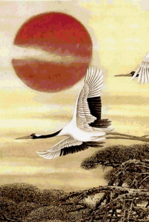 Журавли 1. Фрагмент 1 - птицы, анималисты, журавли, гохуа - предпросмотр