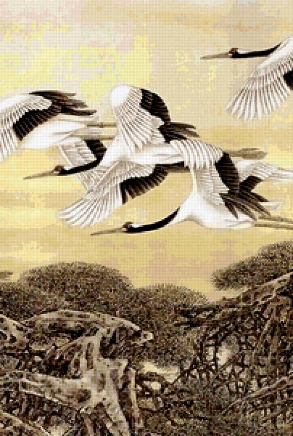 Журавли 1. Фрагмент 2 - гохуа, анималисты, птицы, журавли - предпросмотр