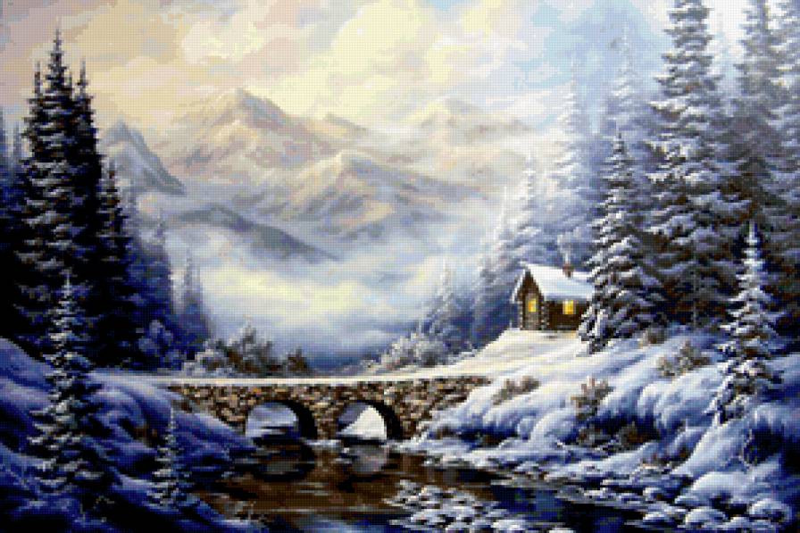 картина - речка.горы, природа, зима - предпросмотр