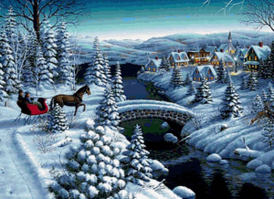 Зимний пейзаж - елочки, пейзаж, домики, река, зима, мост - предпросмотр