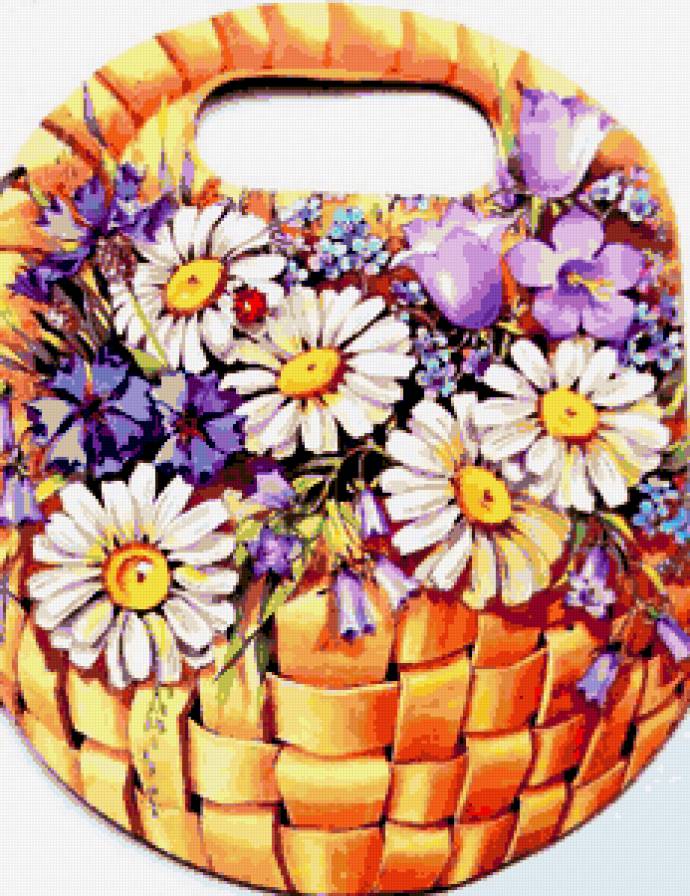 Корзина с цветами - корзина, букет, колокольчики, цветы, божья коровка, ромашки - предпросмотр
