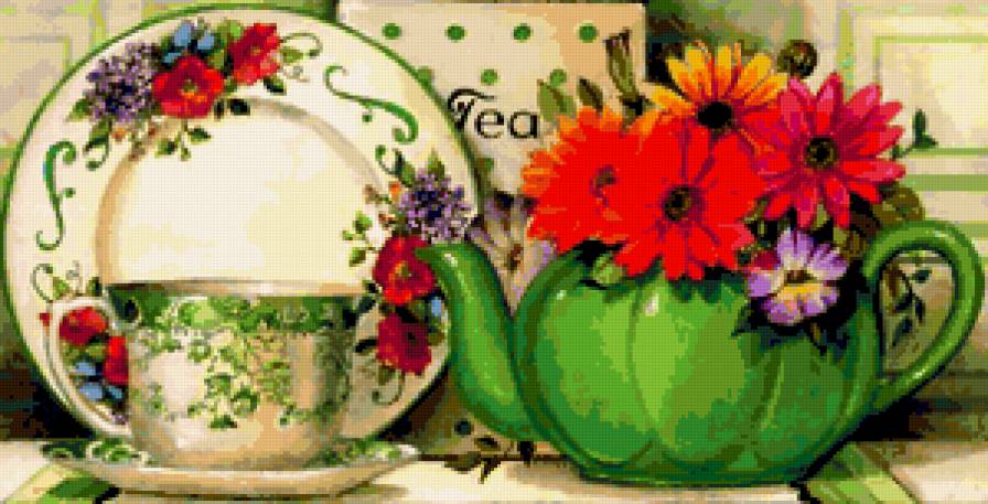 Чаепитие - букет, цветы, чаепитие, чайник, фарфор, герберы, посуда - предпросмотр