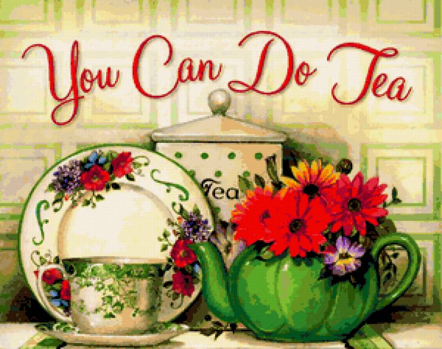 Панно для кухни - фарфор, чаепитие, герберы, чайник, букет, посуда, цветы - предпросмотр