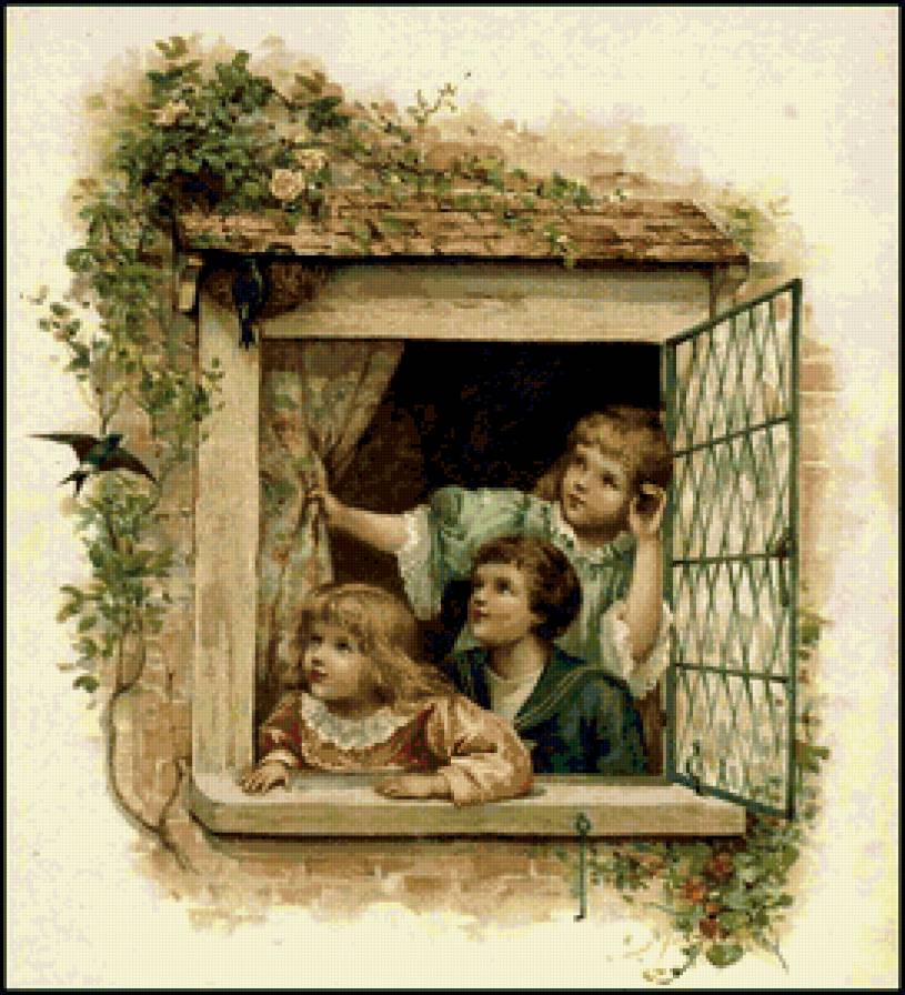 №320340 - дети, окно, цветы, ласточки, птицы, дом, птенцы, гнездо - предпросмотр