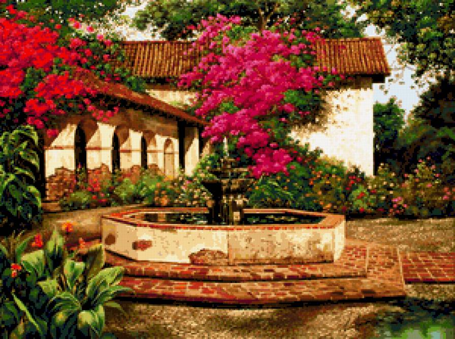 Райский уголок - фонтан, красота, домики, сад, природа, цветы, розы - предпросмотр